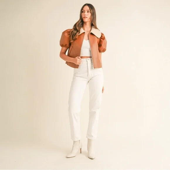 Shearling Lined Camel Puff Sleeve Cropped Leather Jacket with Peter Pan Collar - Picture 2 of 10